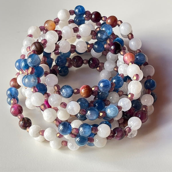 Tantric Mala Necklace: White Moonstone, Kyanite, Fuschia Tiger's Eye  6 mm. (Copy)