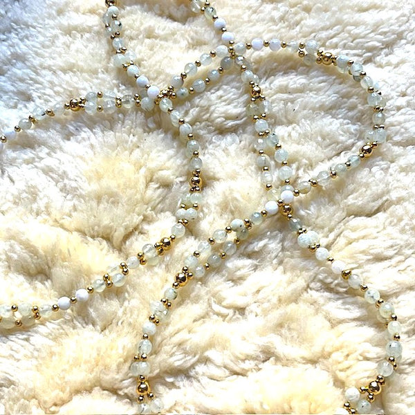 Tantric Mala Necklace: Green Tourmaline, White Moonstone 6 mm