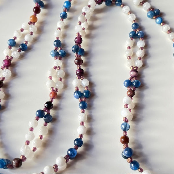 Tantric Mala Necklace: White Moonstone, Kyanite, Fuschia Tiger's Eye  6 mm. (Copy)