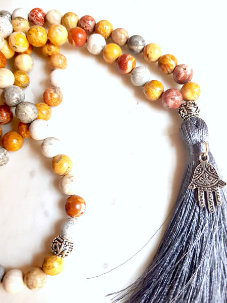 Parinama (Transformation) Sky Eye Jasper, Sterling Silver Hamsa Charm Japa Meditation Mala