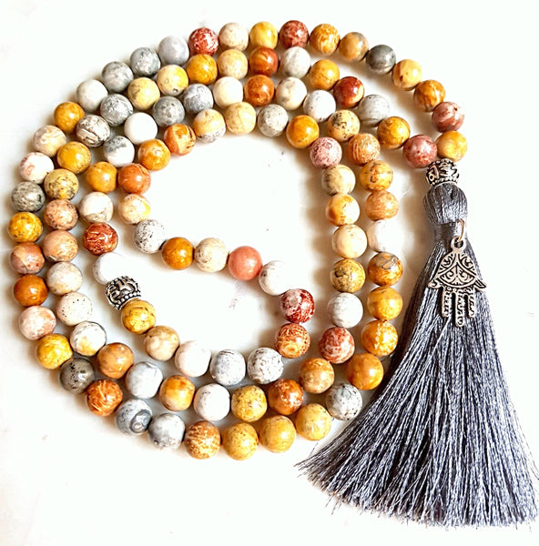Parinama (Transformation) Sky Eye Jasper, Sterling Silver Hamsa Charm Japa Meditation Mala