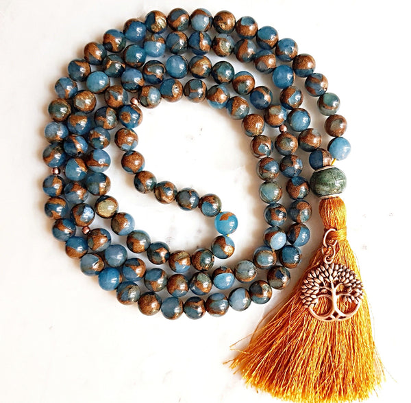 Murano Quartz, Rose Sterling Silver Tree of Life Charm Japa/Meditation Mala