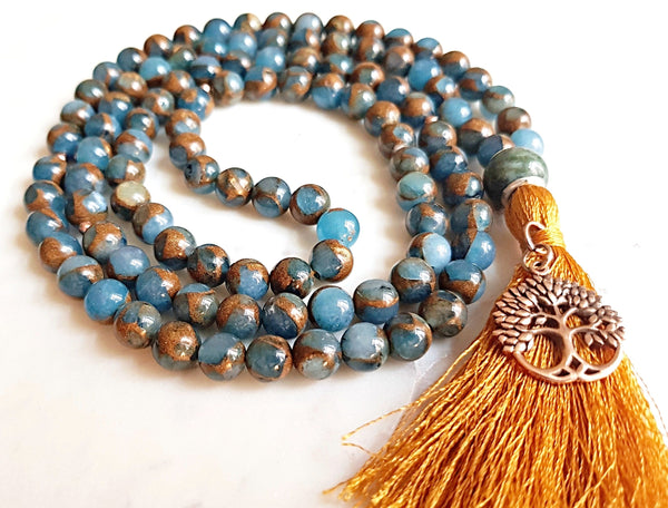 Murano Quartz, Rose Sterling Silver Tree of Life Charm Japa/Meditation Mala