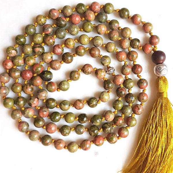 Aria Mala Atelier's unique one-of-a-kind knotted unakite gemstone meditation japa mala with silver yin yang charm is for yoga meditation spiritual daily practise