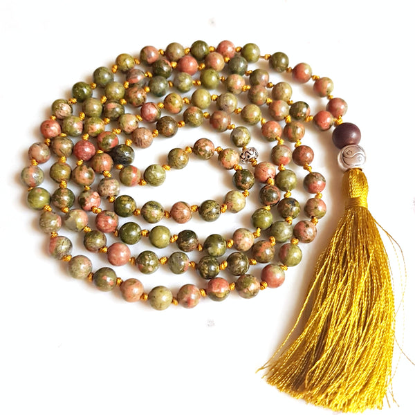Knotted Unakite, Sterling Silver Yin&Yang Charm Japa/Meditation Mala