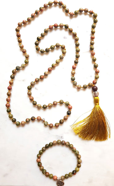 Aria Mala Atelier's unique one-of-a-kind knotted unakite gemstone meditation japa mala with silver yin yang charm is for yoga meditation spiritual daily practise