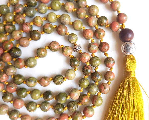 Aria Mala Atelier's unique one-of-a-kind knotted unakite gemstone meditation japa mala with silver yin yang charm is for yoga meditation spiritual daily practise