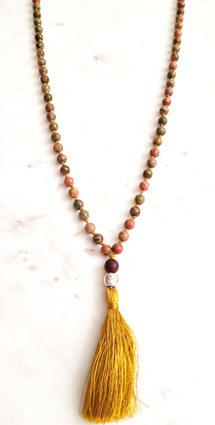 Aria Mala Atelier's unique one-of-a-kind knotted unakite gemstone meditation japa mala with silver yin yang charm is for yoga meditation spiritual daily practise