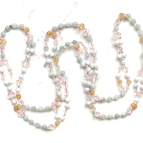 Tantric Mala Necklace: Aquamarine, Moonstone, Citrine, Rose Quartz 6 mm