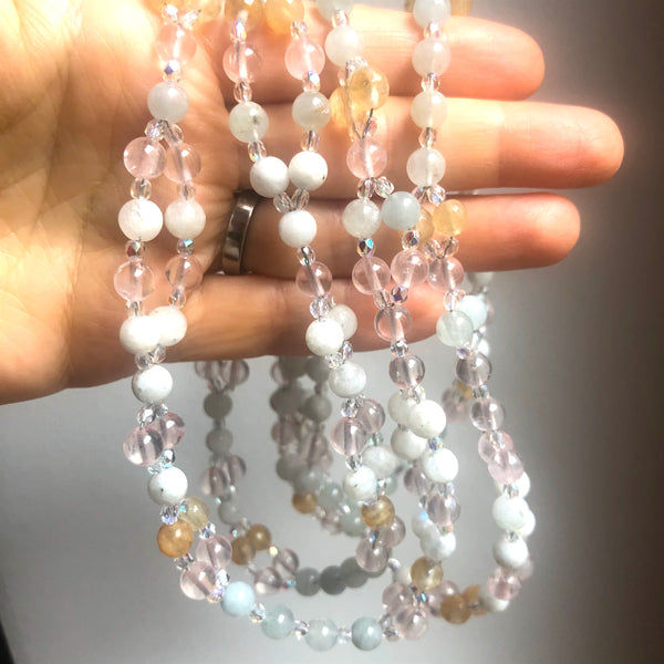 Tantric Mala Necklace: Aquamarine, Moonstone, Citrine, Rose Quartz 6 mm
