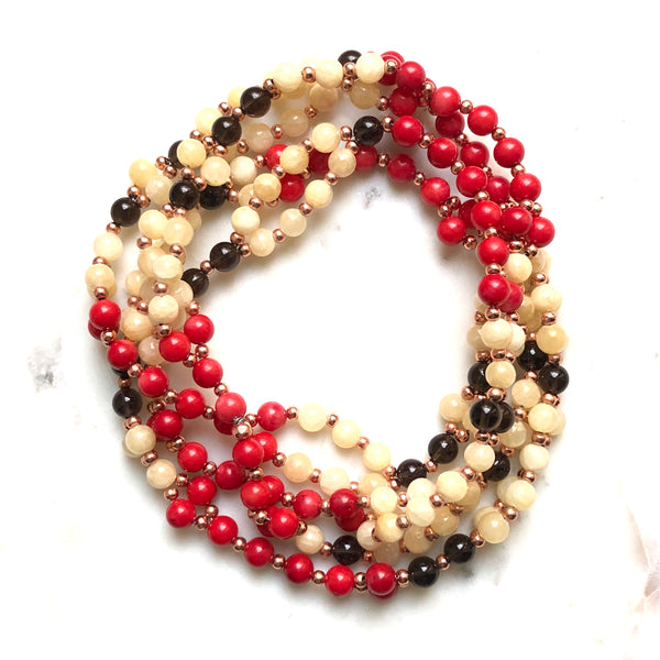 Tantric Mala Necklace: Red Coral, Smoky Quartz, Calcite 6 mm.