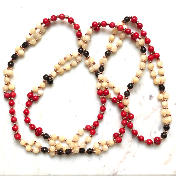 Tantric Mala Necklace: Red Coral, Smoky Quartz, Calcite 6 mm.