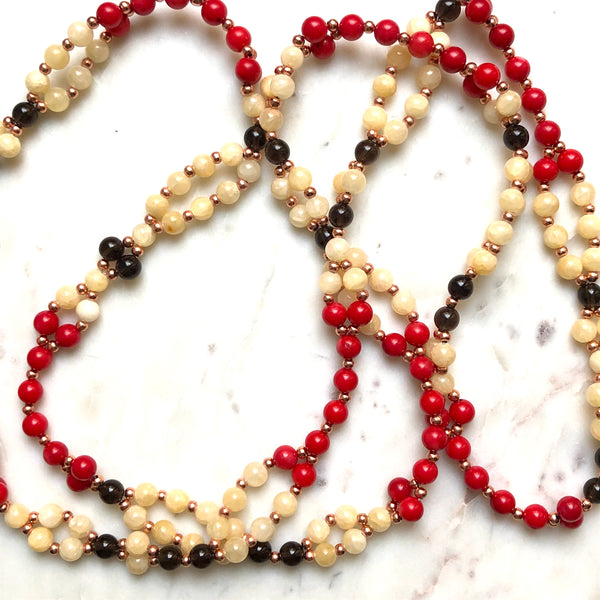 Tantric Mala Necklace: Red Coral, Smoky Quartz, Calcite 6 mm.