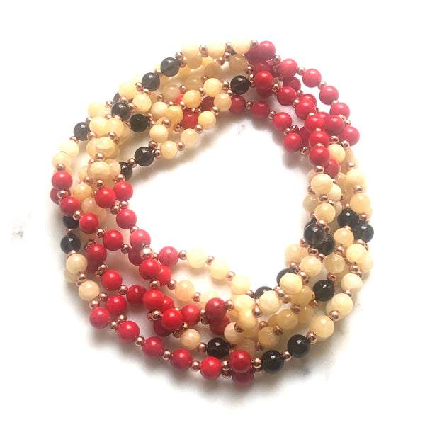Tantric Mala Necklace: Red Coral, Smoky Quartz, Calcite 6 mm.