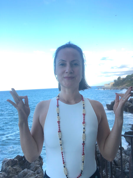 Tantric Mala Necklace: Red Coral, Smoky Quartz, Calcite 6 mm.