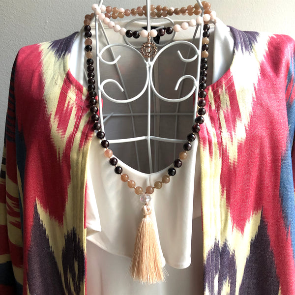 Garnet, Quartz, Jade 108 Beads Mala, Tassel Necklace, Yoga Jewelry, Meditation Beads