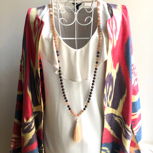 Garnet, Quartz, Jade 108 Beads Mala, Tassel Necklace, Yoga Jewelry, Meditation Beads
