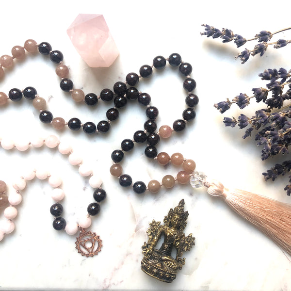 Garnet, Quartz, Jade 108 Beads Mala, Tassel Necklace, Yoga Jewelry, Meditation Beads