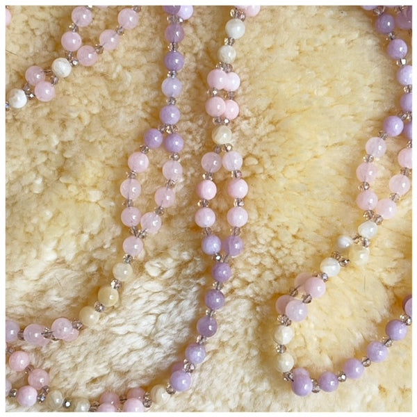 Tantric Mala Necklace: Kunzite, Morganite, Calcite 6 mm.