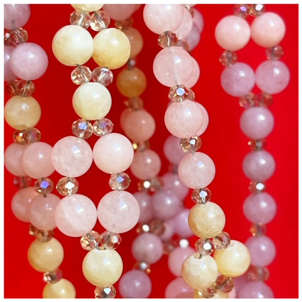 Tantric Mala Necklace: Kunzite, Morganite, Calcite 6 mm.
