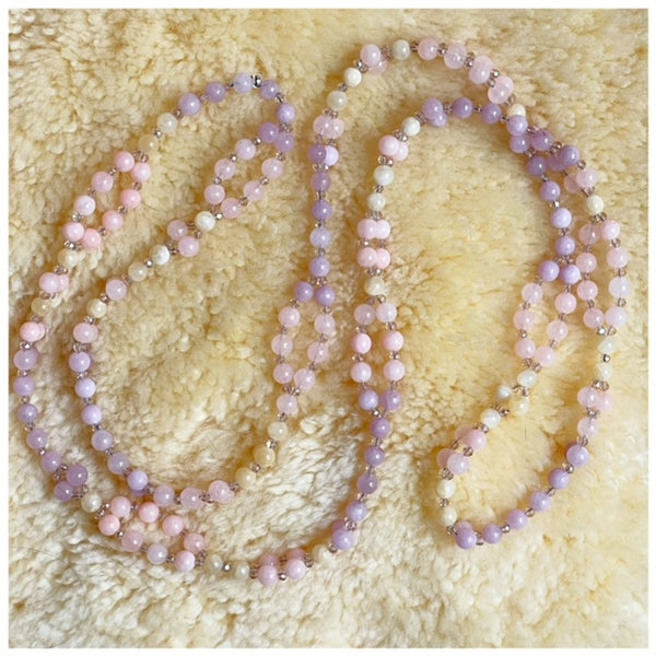 Tantric Mala Necklace: Kunzite, Morganite, Calcite 6 mm.