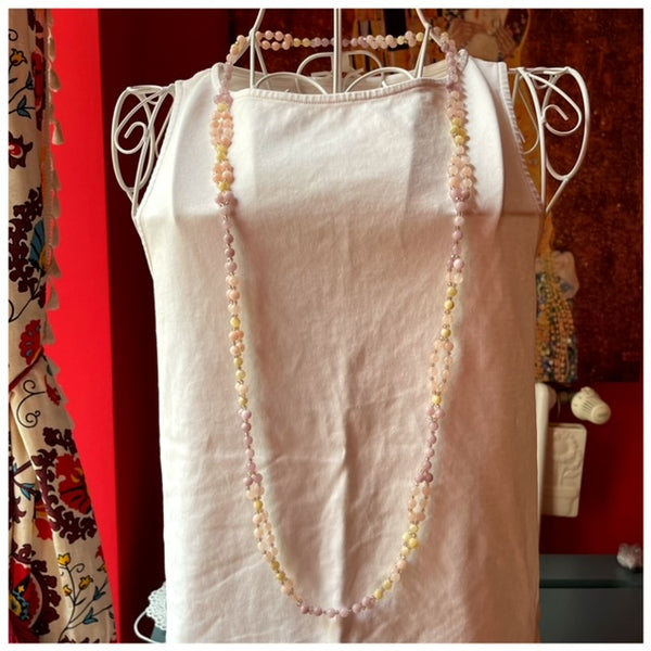 Tantric Mala Necklace: Kunzite, Morganite, Calcite 6 mm.