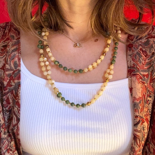 Tantric Mala Necklace: Jade, Calcite, Gold Beads 6 mm