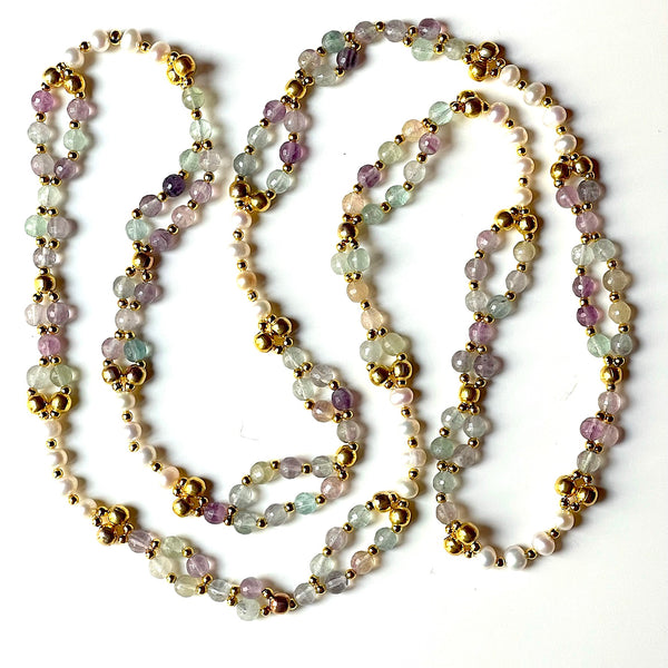 Tantric Mala Necklace: Fluorite, Pearl, Gold 6 mm