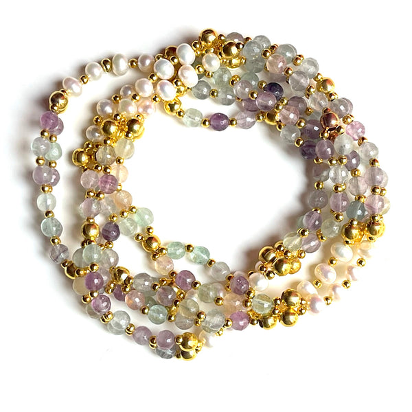 Tantric Mala Necklace: Fluorite, Pearl, Gold 6 mm