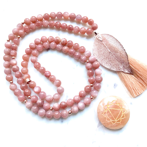 Aria Mala Atelier's unique one-of-a-kind feminine power Rose Moonstone gemstone meditation japa mala with rose leaf shape charm is for yoga meditation empowering spiritual daily practise and intention setting