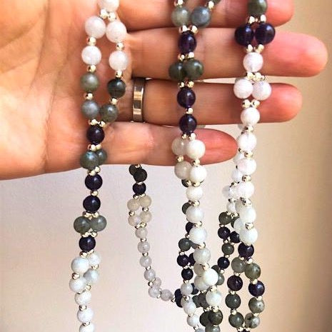 Tantric Mala Necklace: Amethyst, Labradorite, White Moonstone 6 mm.