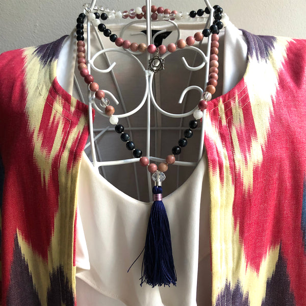 Blue Tiger Eye, Rhodonite, Moonstone, Quartz 108 Beads Mala, Tassel Necklace, Yoga Jewelry, Meditation Beads