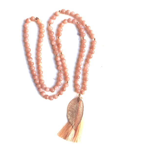 Aria Mala Atelier's unique one-of-a-kind feminine power Rose Moonstone gemstone meditation japa mala with rose leaf shape charm is for yoga meditation empowering spiritual daily practise and intention setting