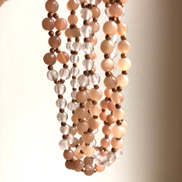 Tantric Mala Necklace: Rose Moonstone, Quartz 4 mm.