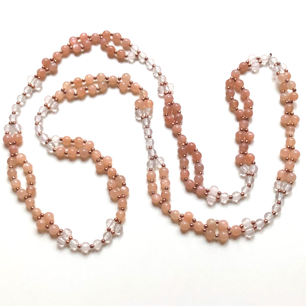 Tantric Mala Necklace: Rose Moonstone, Quartz 4 mm.