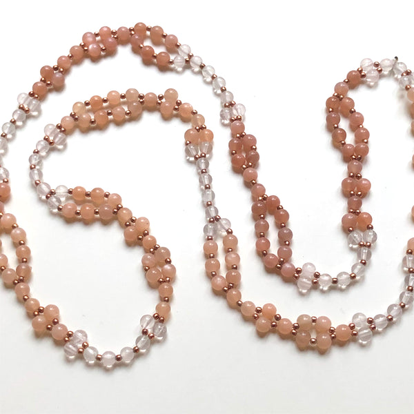 Tantric Mala Necklace: Rose Moonstone, Quartz 4 mm.