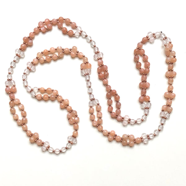 Tantric Mala Necklace: Rose Moonstone, Quartz 4 mm.