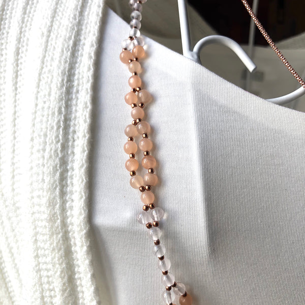Tantric Mala Necklace: Rose Moonstone, Quartz 4 mm.