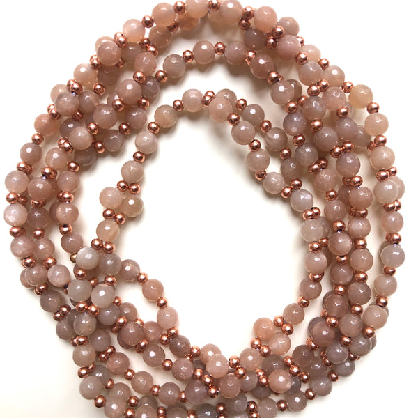 Tantric Mala Necklace: Rose Moonstone Faceted 6 mm.