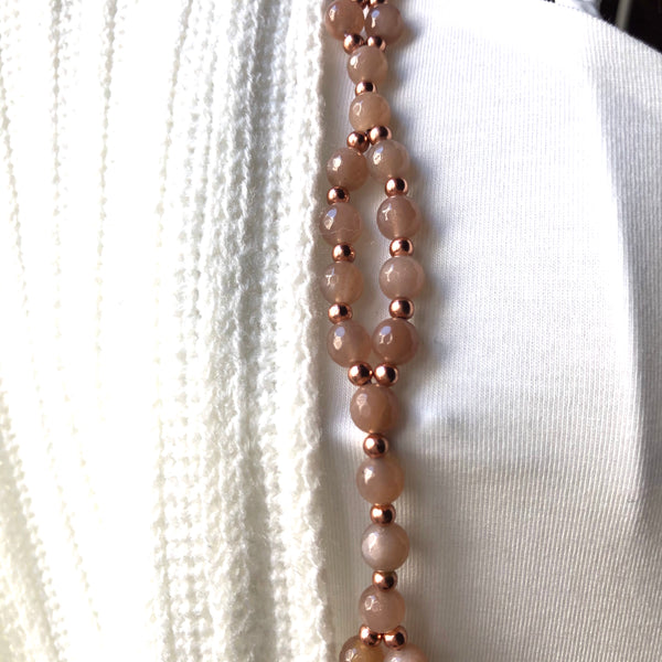 Tantric Mala Necklace: Rose Moonstone Faceted 6 mm.