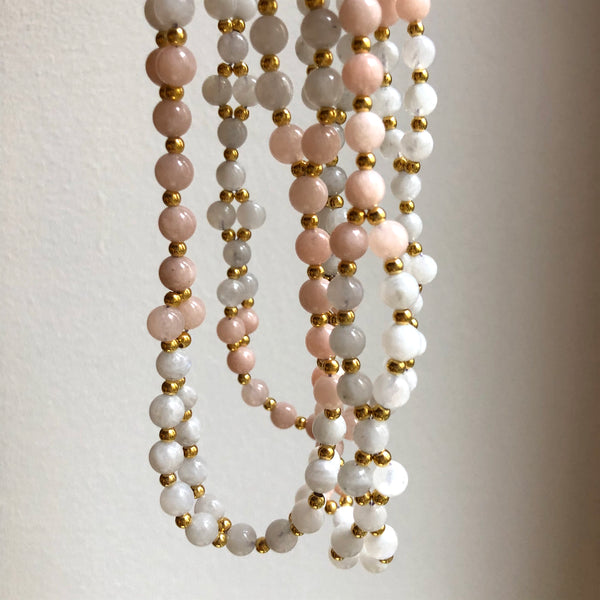 Tantric Mala Necklace: White Moonstone, Morganite 6 mm.