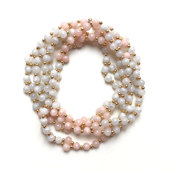 Tantric Mala Necklace: White Moonstone, Morganite 6 mm.
