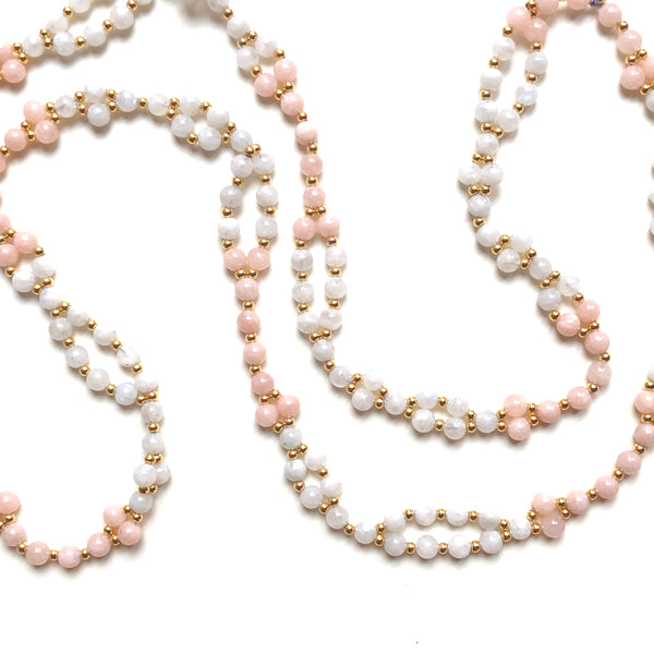 Tantric Mala necklace 6 mm white moonstone morganite