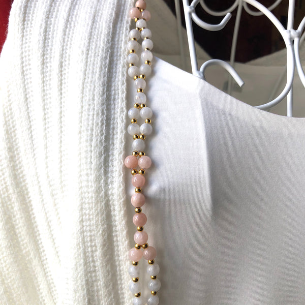 Tantric Mala Necklace: White Moonstone, Morganite 6 mm.