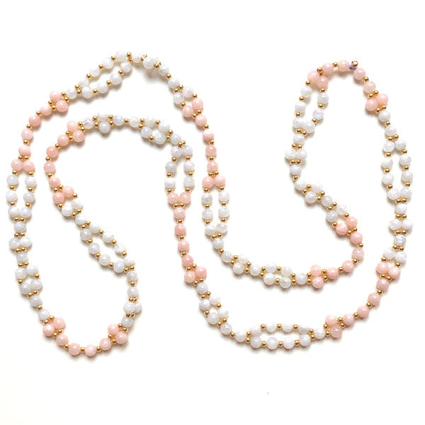 Tantric Mala Necklace: White Moonstone, Morganite 6 mm.