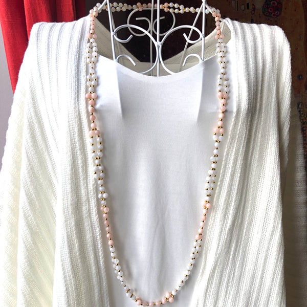 Tantric Mala Necklace: White Moonstone, Morganite 6 mm.