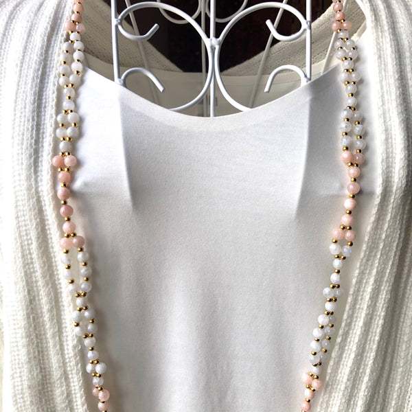 Tantric Mala Necklace: White Moonstone, Morganite 6 mm.