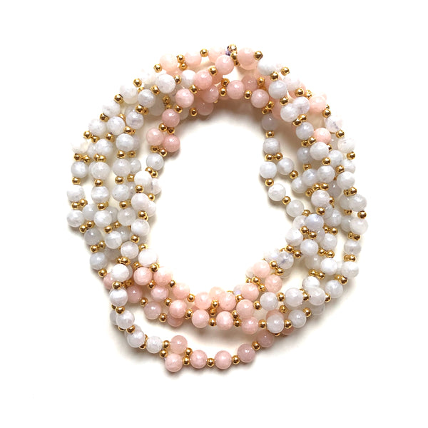 Tantric Mala Necklace: White Moonstone, Morganite 6 mm.