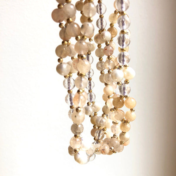 Tantric Mala Necklace: Sunstone, Pearl, Quartz 6 mm.