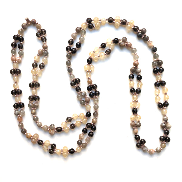 Tantric Mala Necklace: Moonstone, Smoky Quartz, Citrine 6 mm